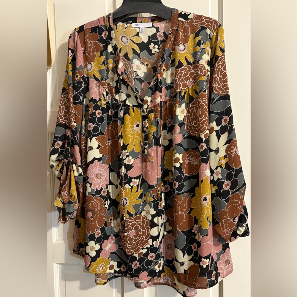 DR2 by Daniel Rainn Floral Peasant Women's 3/4 Sleeve Sheer Blouse - Picture 2 of 9